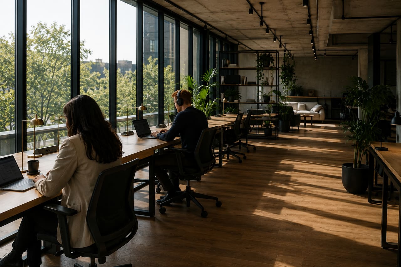 Piso de cowork con escritorios y luz natural